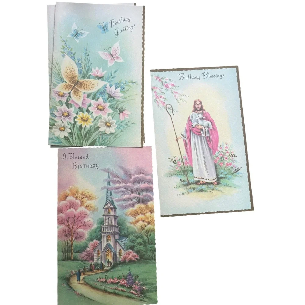 Vintage Religious Birthday Cards Set of 4 Jesus Church Butterfly Made in USA